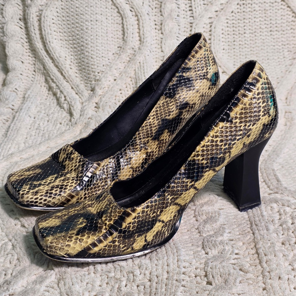 VTG Y2K Bakers Texas Snakeskin Square Toe Block‎ Heel Pumps Tan Womens 7B